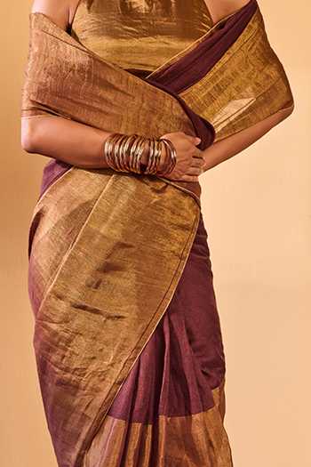 Dressfolk Gold Linen Handwoven Half Saree With Unstitched Blouse at Aza Fashions Dressfolk_Gold Linen Handwoven Half Saree With Unstitched Blouse _at_Aza_Fashions