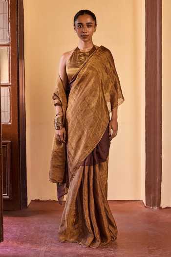 Buy Dressfolk Gold Linen Handwoven Half Saree With Unstitched Blouse Buy_Dressfolk_Gold Linen Handwoven Half Saree With Unstitched Blouse