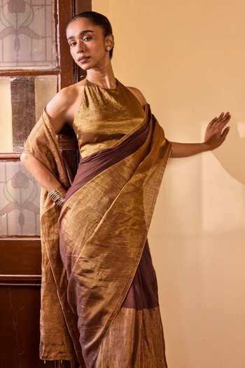 Shop Dressfolk Gold Linen Handwoven Half Saree With Unstitched Blouse Shop_Dressfolk_Gold Linen Handwoven Half Saree With Unstitched Blouse