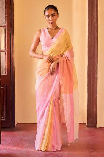 Dressfolk Big Check Linen Saree With Unstitched Blouse Piece 