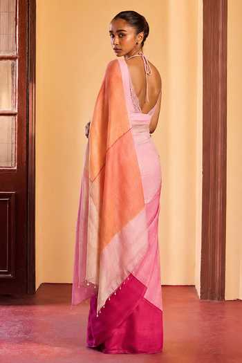 Dressfolk Big Check Linen Saree With Unstitched Blouse Piece 