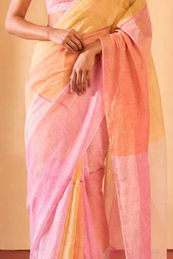 Shop Dressfolk Pink Linen Big Check Saree With Unstitched Blouse Piece Online at Aza Fashions Shop_Dressfolk_Pink Linen Big Check Saree With Unstitched Blouse Piece _Online_at_Aza_Fashions