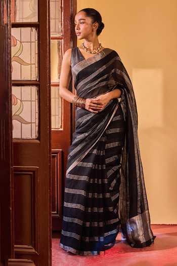 Dressfolk Handwoven Striped Linen Saree With Unstitched Blouse 