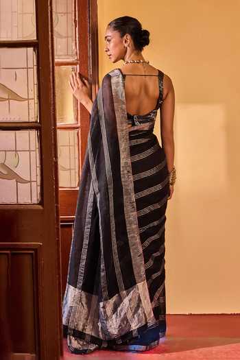 Dressfolk Handwoven Striped Linen Saree With Unstitched Blouse 