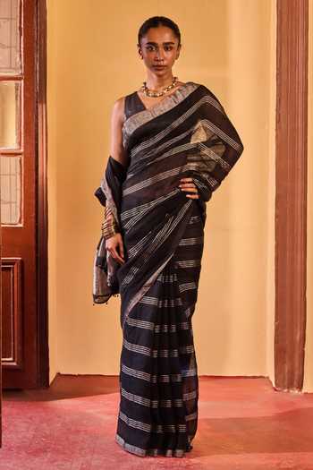 Dressfolk Black Linen Handwoven Striped Saree With Unstitched Blouse Online at Aza Fashions Dressfolk_Black Linen Handwoven Striped Saree With Unstitched Blouse _Online_at_Aza_Fashions
