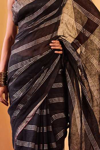 Buy Dressfolk Black Linen Handwoven Striped Saree With Unstitched Blouse Buy_Dressfolk_Black Linen Handwoven Striped Saree With Unstitched Blouse