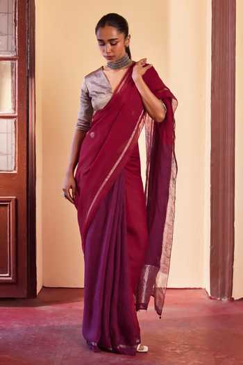 Dressfolk Red Linen Saree With Unstitched Blouse Piece Online at Aza Fashions Dressfolk_Red Linen Saree With Unstitched Blouse Piece _Online_at_Aza_Fashions