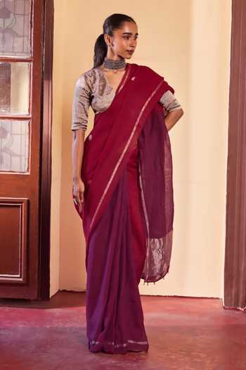 Dressfolk Red Linen Saree With Unstitched Blouse Piece at Aza Fashions Dressfolk_Red Linen Saree With Unstitched Blouse Piece _at_Aza_Fashions