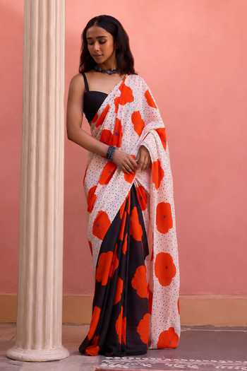 Shop Dressfolk Black Cotton Printed Floral Saree With Unstitched Blouse Piece Online at Aza Fashions Shop_Dressfolk_Black Cotton Printed Floral Saree With Unstitched Blouse Piece _Online_at_Aza_Fashions