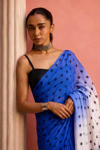 Shop Dressfolk Blue Cotton Polka Dot Print Saree With Unstitched Blouse Piece Online at Aza Fashions Shop_Dressfolk_Blue Cotton Polka Dot Print Saree With Unstitched Blouse Piece _Online_at_Aza_Fashions