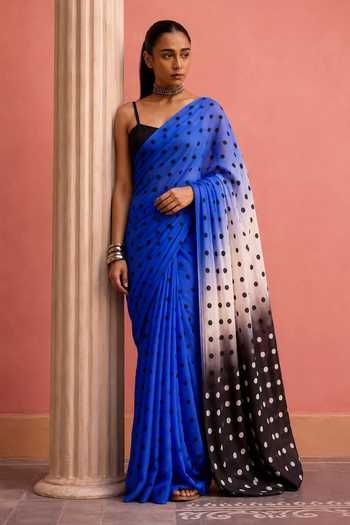 Dressfolk Blue Cotton Polka Dot Print Saree With Unstitched Blouse Piece at Aza Fashions Dressfolk_Blue Cotton Polka Dot Print Saree With Unstitched Blouse Piece _at_Aza_Fashions