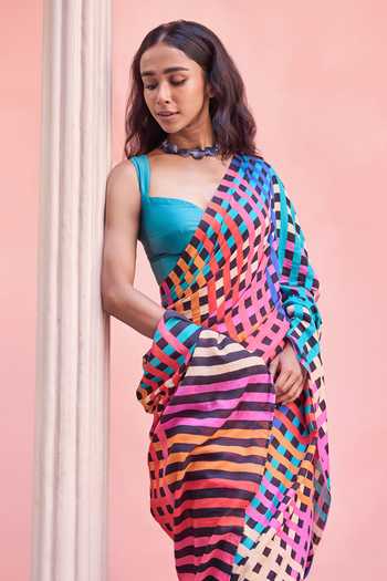 Buy Dressfolk Multi Color Cotton Printed Saree With Unstitched Blouse Set Online at Aza Fashions Buy_Dressfolk_Multi Color Cotton Printed Saree With Unstitched Blouse Set _Online_at_Aza_Fashions