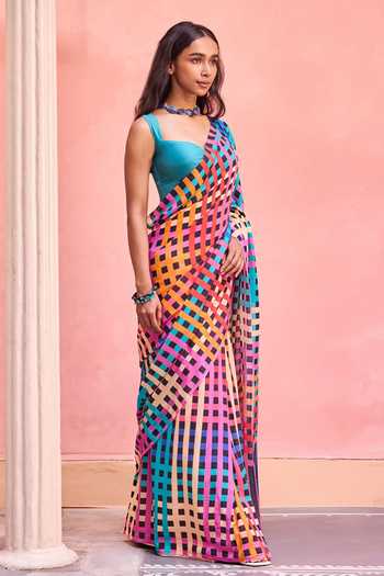 Shop Dressfolk Multi Color Cotton Printed Saree With Unstitched Blouse Set Online at Aza Fashions Shop_Dressfolk_Multi Color Cotton Printed Saree With Unstitched Blouse Set _Online_at_Aza_Fashions