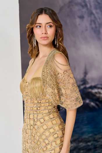 Buy Geisha Designs Gold Viscose, Nylon Sequins, Beads, Fringe Susanna Embellished Gown With Cape Online at Aza Fashions Buy_Geisha Designs_Gold Viscose, Nylon Sequins, Beads, Fringe Susanna Embellished Gown With Cape _Online_at_Aza_Fashions