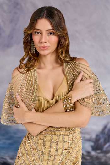 Shop Geisha Designs Gold Viscose, Nylon Sequins, Beads, Fringe Susanna Embellished Gown With Cape Online at Aza Fashions Shop_Geisha Designs_Gold Viscose, Nylon Sequins, Beads, Fringe Susanna Embellished Gown With Cape _Online_at_Aza_Fashions