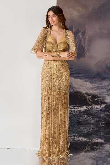 Geisha Designs Susanna Embellished Gown With Cape 