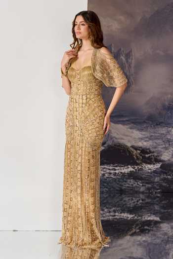 Buy Geisha Designs Gold Viscose, Nylon Sequins, Beads, Fringe Susanna Embellished Gown With Cape Buy_Geisha Designs_Gold Viscose, Nylon Sequins, Beads, Fringe Susanna Embellished Gown With Cape
