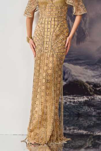 Shop Geisha Designs Gold Viscose, Nylon Sequins, Beads, Fringe Susanna Embellished Gown With Cape Shop_Geisha Designs_Gold Viscose, Nylon Sequins, Beads, Fringe Susanna Embellished Gown With Cape