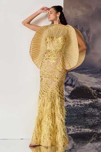 Geisha Designs_Gold Viscose, Nylon Sequins, Beads, Feathers Lori Radial Pleated Capelet Gown _Online_at_Aza_Fashions