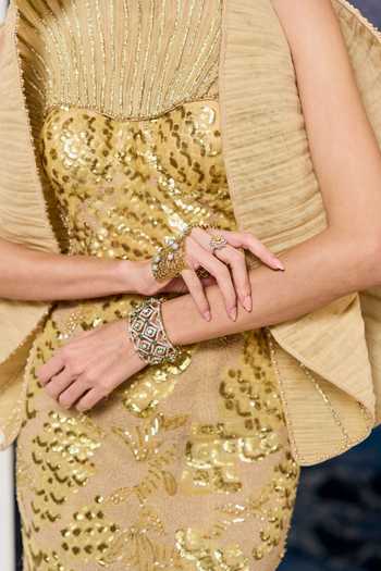 Buy_Geisha Designs_Gold Viscose, Nylon Sequins, Beads, Feathers Lori Radial Pleated Capelet Gown _Online_at_Aza_Fashions