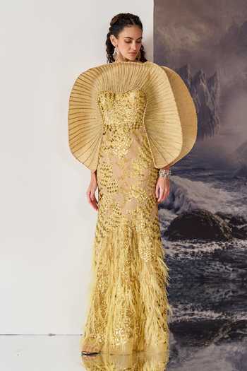 Shop_Geisha Designs_Gold Viscose, Nylon Sequins, Beads, Feathers Lori Radial Pleated Capelet Gown _Online_at_Aza_Fashions