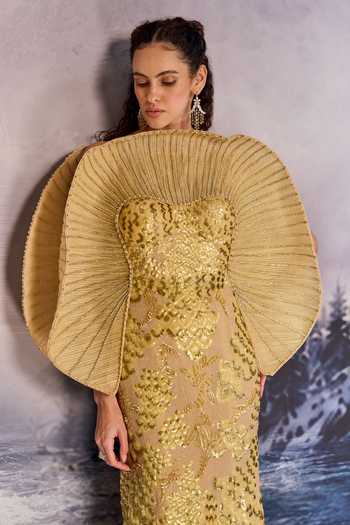 Geisha Designs_Gold Viscose, Nylon Sequins, Beads, Feathers Lori Radial Pleated Capelet Gown _at_Aza_Fashions