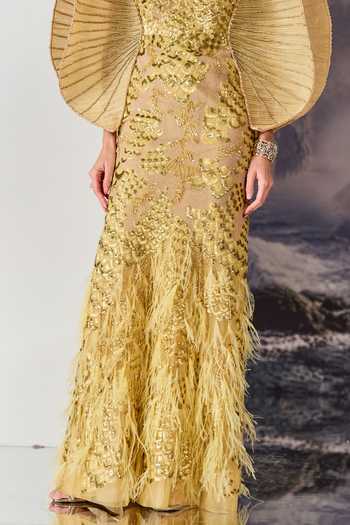 Buy_Geisha Designs_Gold Viscose, Nylon Sequins, Beads, Feathers Lori Radial Pleated Capelet Gown 