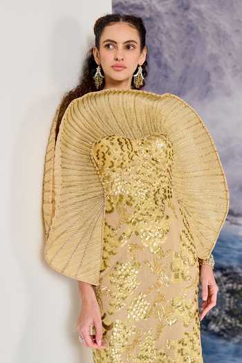 Shop_Geisha Designs_Gold Viscose, Nylon Sequins, Beads, Feathers Lori Radial Pleated Capelet Gown 