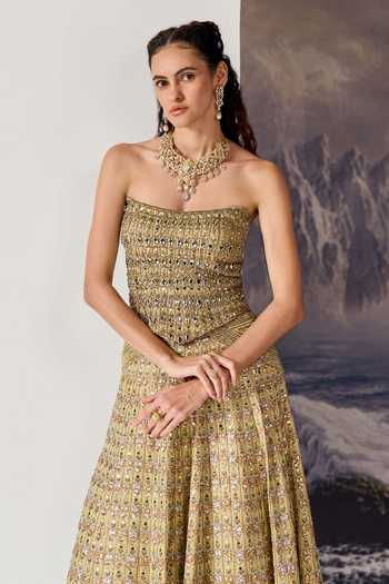 Geisha Designs_Gold Cotton, Viscose, Nylon Stones, Franca Embellished Corset And Lehenga Set _Online_at_Aza_Fashions