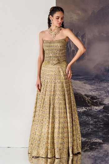 Buy_Geisha Designs_Gold Cotton, Viscose, Nylon Stones, Franca Embellished Corset And Lehenga Set _Online_at_Aza_Fashions