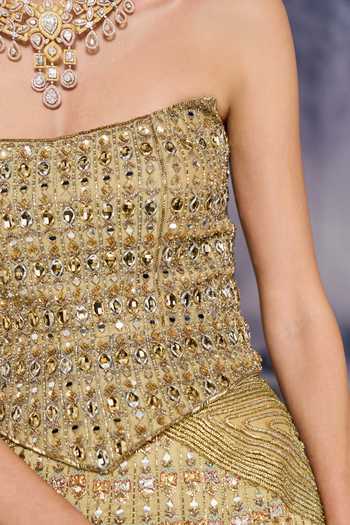 Shop_Geisha Designs_Gold Cotton, Viscose, Nylon Stones, Franca Embellished Corset And Lehenga Set _Online_at_Aza_Fashions