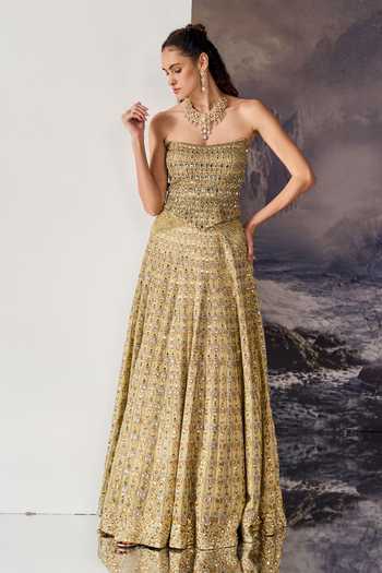 Geisha Designs_Gold Cotton, Viscose, Nylon Stones, Franca Embellished Corset And Lehenga Set _at_Aza_Fashions