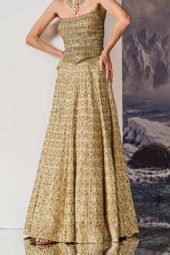 Buy_Geisha Designs_Gold Cotton, Viscose, Nylon Stones, Franca Embellished Corset And Lehenga Set 