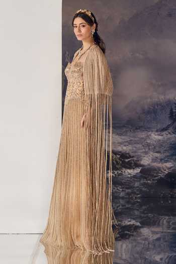 Geisha Designs_Gold Polyester, Nylon Beads Sweetheart Neck Santina Embroidered Gown And Cape Set _Online_at_Aza_Fashions