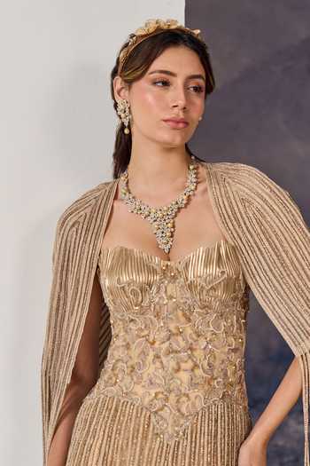Buy_Geisha Designs_Gold Polyester, Nylon Beads Sweetheart Neck Santina Embroidered Gown And Cape Set _Online_at_Aza_Fashions