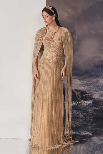Shop_Geisha Designs_Gold Polyester, Nylon Beads Sweetheart Neck Santina Embroidered Gown And Cape Set _Online_at_Aza_Fashions