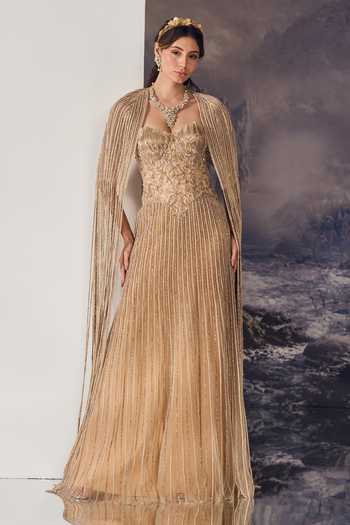 Geisha Designs_Gold Polyester, Nylon Beads Sweetheart Neck Santina Embroidered Gown And Cape Set _at_Aza_Fashions