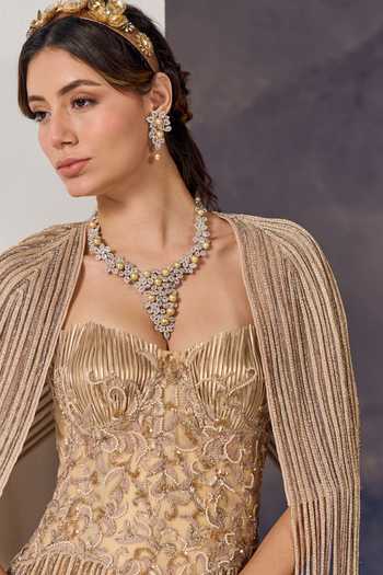 Buy_Geisha Designs_Gold Polyester, Nylon Beads Sweetheart Neck Santina Embroidered Gown And Cape Set 