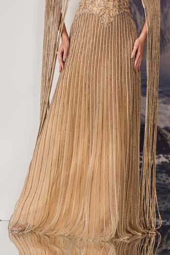 Shop_Geisha Designs_Gold Polyester, Nylon Beads Sweetheart Neck Santina Embroidered Gown And Cape Set 