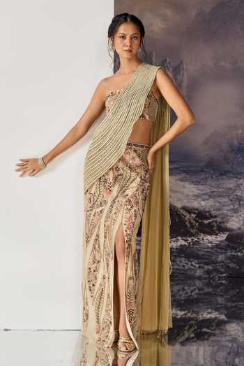 Geisha Designs Neve Pre-Draped Saree With Bandeau Blouse 