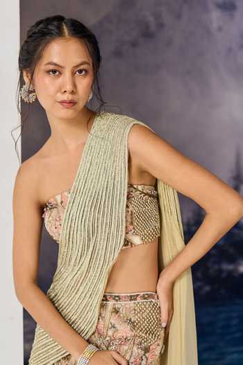 Geisha Designs Beige Viscose, Nylon Bandeau Neck Neve Pre-draped Saree With Blouse Online at Aza Fashions Geisha Designs_Beige Viscose, Nylon Bandeau Neck Neve Pre-draped Saree With Blouse _Online_at_Aza_Fashions