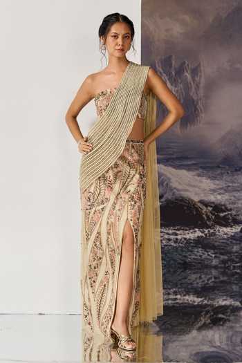 Buy Geisha Designs Beige Viscose, Nylon Bandeau Neck Neve Pre-draped Saree With Blouse Online at Aza Fashions Buy_Geisha Designs_Beige Viscose, Nylon Bandeau Neck Neve Pre-draped Saree With Blouse _Online_at_Aza_Fashions