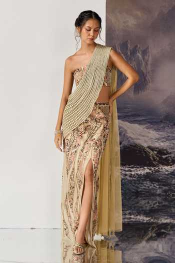 Shop Geisha Designs Beige Viscose, Nylon Bandeau Neck Neve Pre-draped Saree With Blouse Online at Aza Fashions Shop_Geisha Designs_Beige Viscose, Nylon Bandeau Neck Neve Pre-draped Saree With Blouse _Online_at_Aza_Fashions