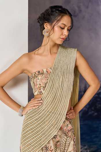 Geisha Designs Beige Viscose, Nylon Bandeau Neck Neve Pre-draped Saree With Blouse at Aza Fashions Geisha Designs_Beige Viscose, Nylon Bandeau Neck Neve Pre-draped Saree With Blouse _at_Aza_Fashions