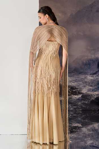 Geisha Designs Soraya Fringe Embroidered Gown With Cape 