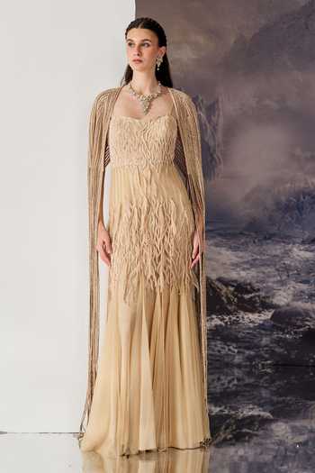Geisha Designs_Beige Viscose, Polyester, Nylon Fringe Square Soraya Embroidered Gown With Cape _Online_at_Aza_Fashions