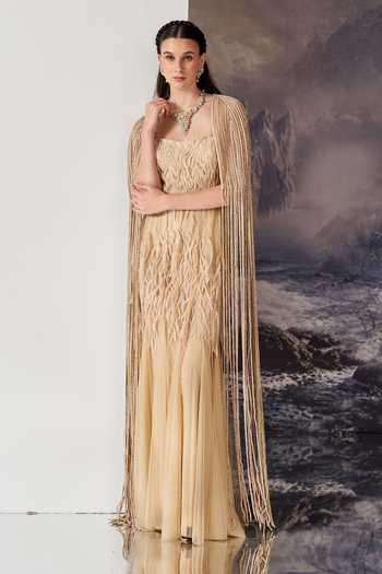 Buy_Geisha Designs_Beige Viscose, Polyester, Nylon Fringe Square Soraya Embroidered Gown With Cape _Online_at_Aza_Fashions