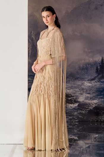 Shop_Geisha Designs_Beige Viscose, Polyester, Nylon Fringe Square Soraya Embroidered Gown With Cape _Online_at_Aza_Fashions