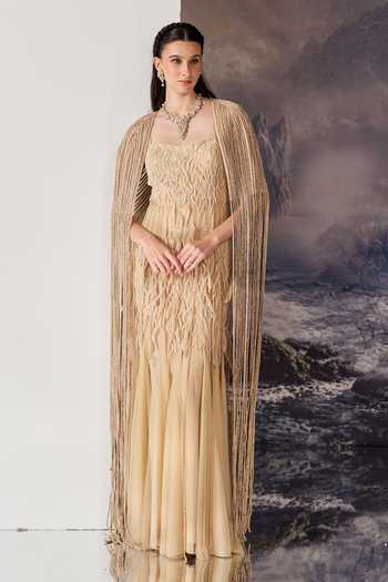 Geisha Designs Soraya Fringe Embroidered Gown With Cape 