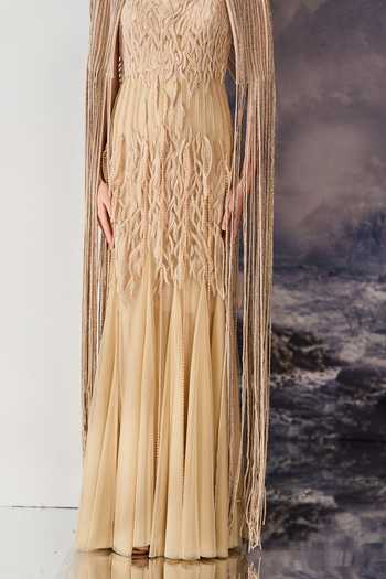 Geisha Designs_Beige Viscose, Polyester, Nylon Fringe Square Soraya Embroidered Gown With Cape _at_Aza_Fashions